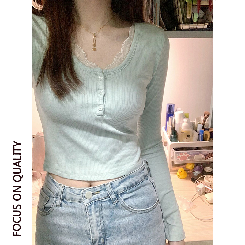 蕾丝小香长袖t恤女秋冬2025新款U领打底衫内搭纯欲风修身短款上衣