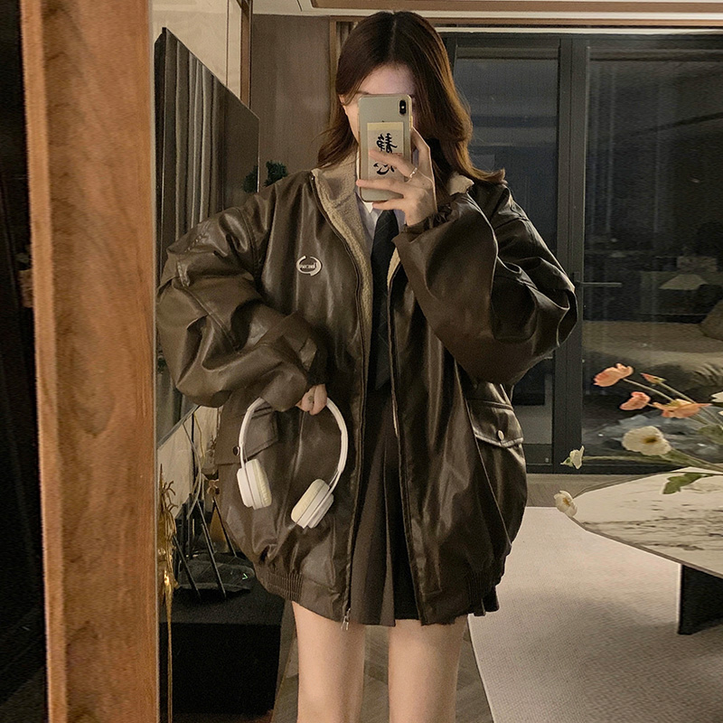 美拉德风pu皮衣两面穿羊