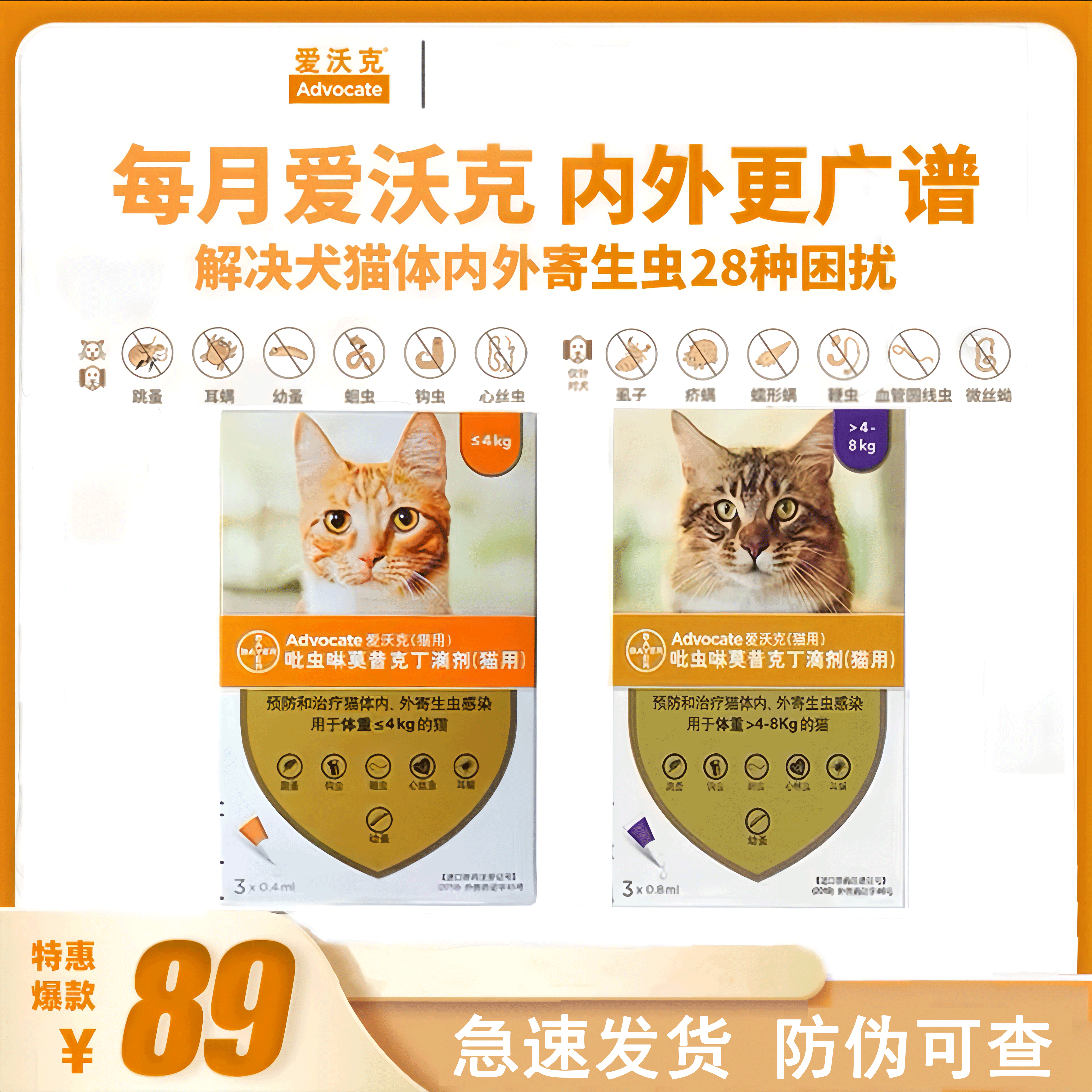 爱沃克猫耳螨体内外驱虫药