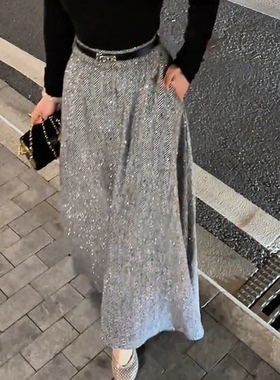 灰色高腰亮点插袋印花垂感直筒毛呢半身裙女秋冬新款宽松显瘦摆裙