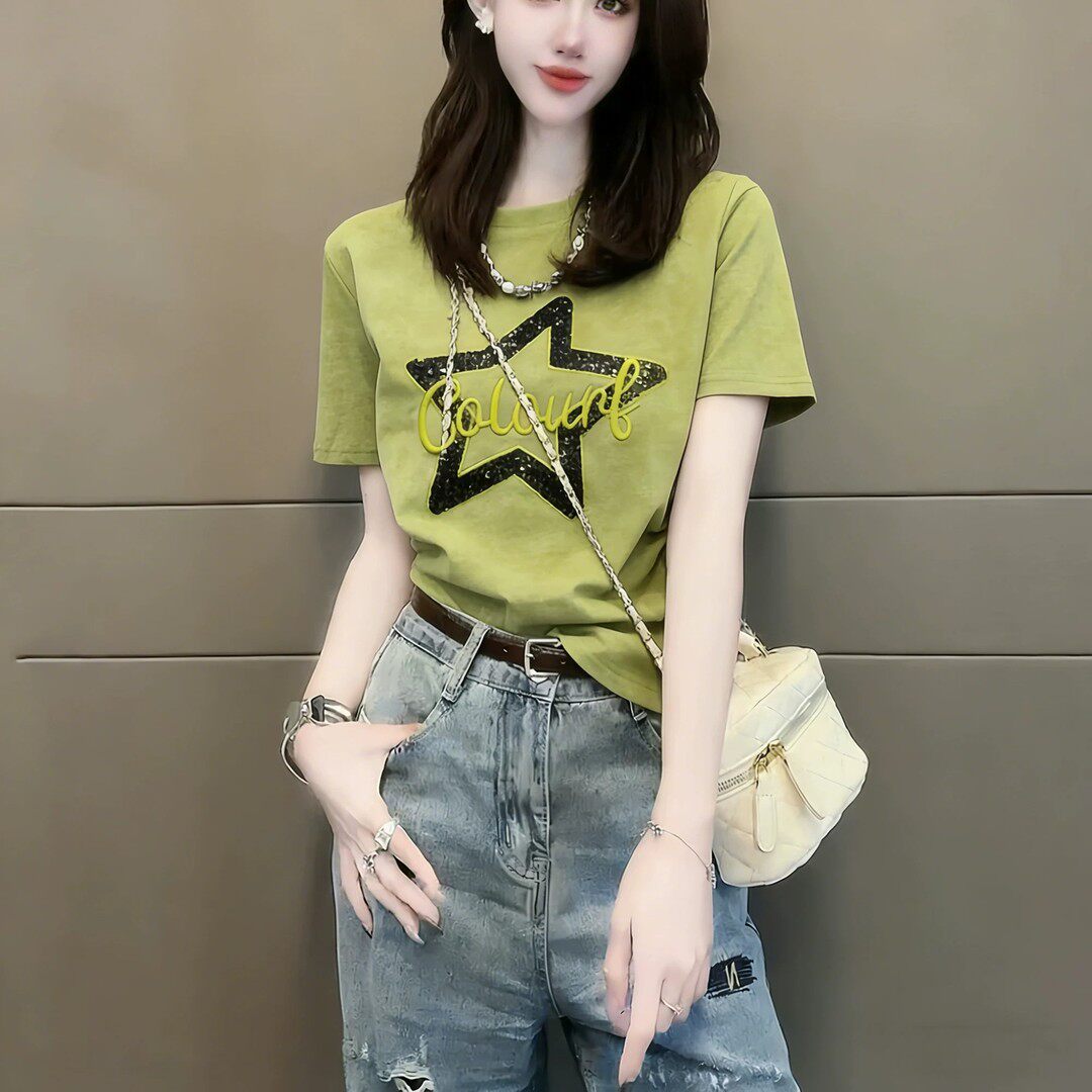 网红款绿色短袖t恤女夏季洋气炸街新款女装直播出片漂亮上衣服