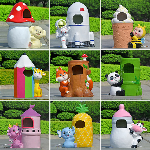 卡通动物垃圾桶玻璃纤维s雕塑幼儿园公园风景区分类果皮箱环保装