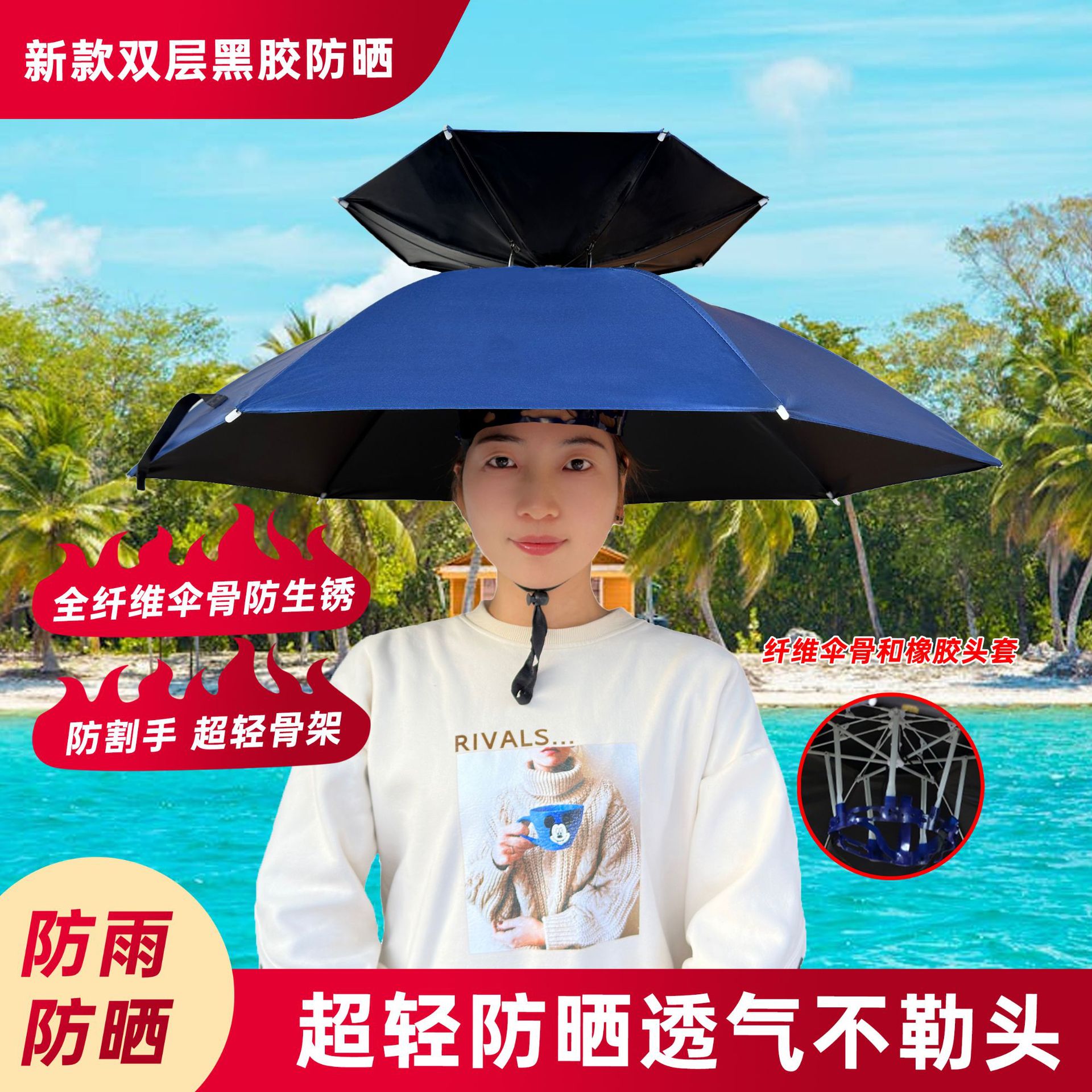 2024新款雨伞帽双层头戴遮阳伞防晒防雨折叠户外大号钓鱼伞帽