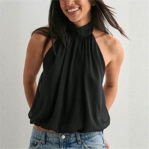 Women Halter Backless Chiffon Top High Neck Sleeveless Open