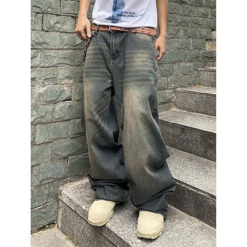 Mens Loose-Fit Denim Jeans Pants Stylish Street Style Wide