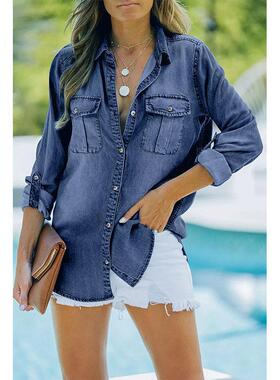 Womens Button Down Denim Shirt Casual Collared Long Sleeve