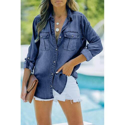 Womens Button Down Denim Shirt Casual Collared Long Sleeve