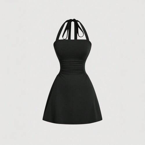 Womens Plain Ruched Tie Backless Halter Dress Casual Elegant