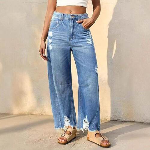 Womens Baggy Wide Leg Jeans Barrel Horseshoe Boyfriend