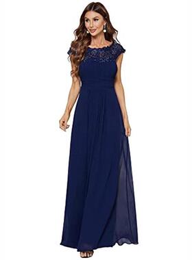 Elegant Maxi Long Lace Cap Sleeve Bridesmaid Dress 09996