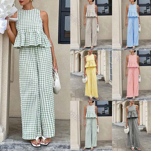 Womens 2 Piece Gingham Set Summer Outfits Ruffle Tank Top &
