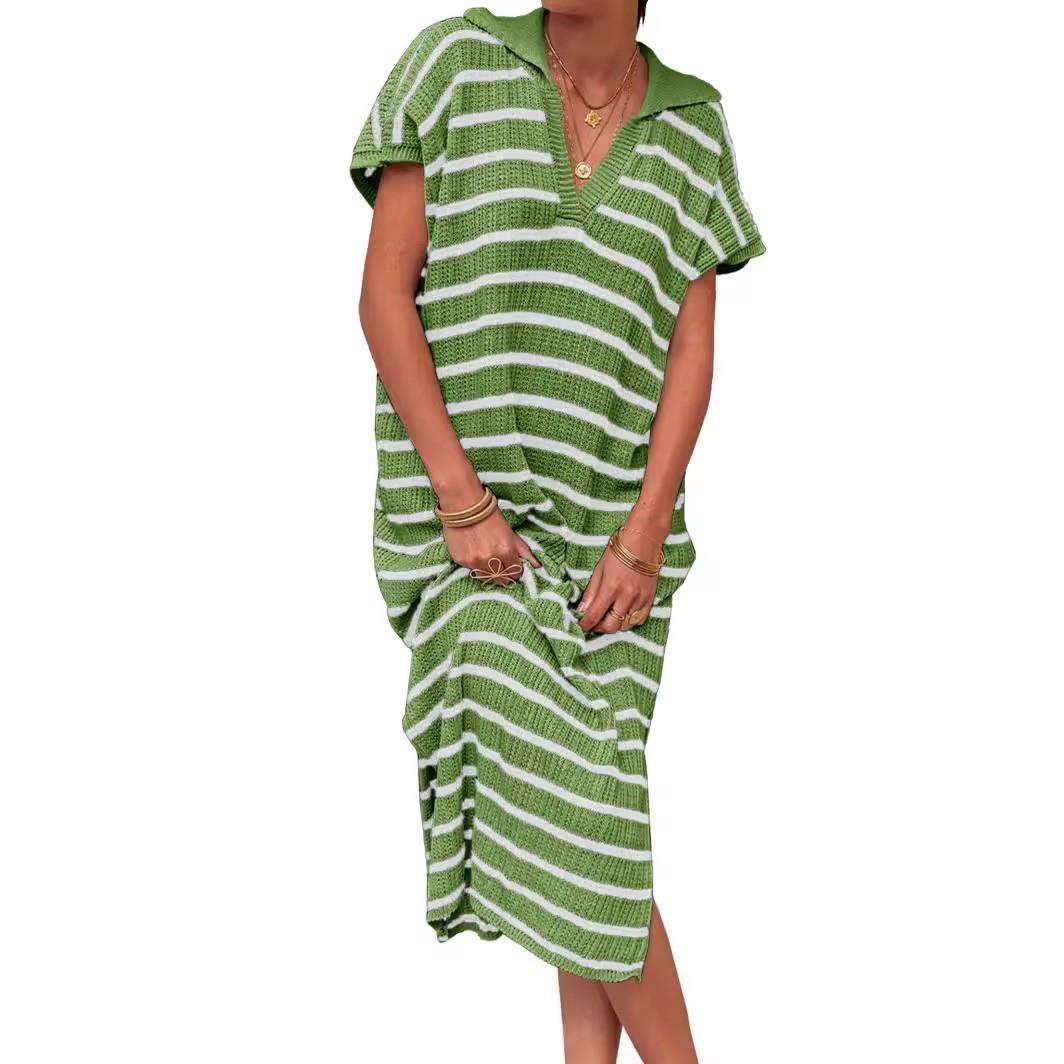 Womens Striped Summer Dresses Short Sleeve V Neck Knit图片