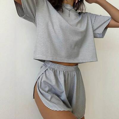 Womens Fall Season Knitted Striped Pajamas Pjs Loose Fit