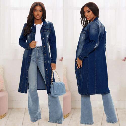 Womens Collared Shiny Denim Trench Coat - Button-Down Long