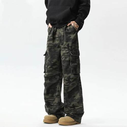 Mens Camo Print Wide Leg Cargo Jeans Loose Streetwear Street