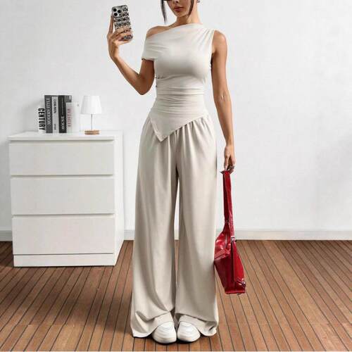 Two-Piece Set Womens Solid Color Top & Pants Set Casual