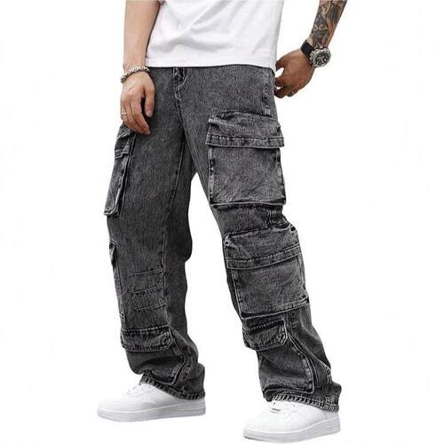 Mens Street Style Washed Wide Leg Cargo Jeans Loose Fit