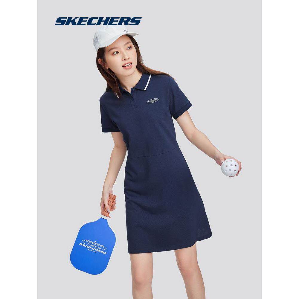 Skechers斯凯奇女款夏季polo领短袖运动连衣裙吸湿速干海军蓝色