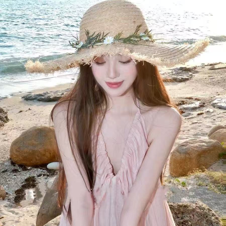 新款小雏菊波浪形度草帽假风草帽女夏季海边大檐防晒遮阳帽沙滩帽