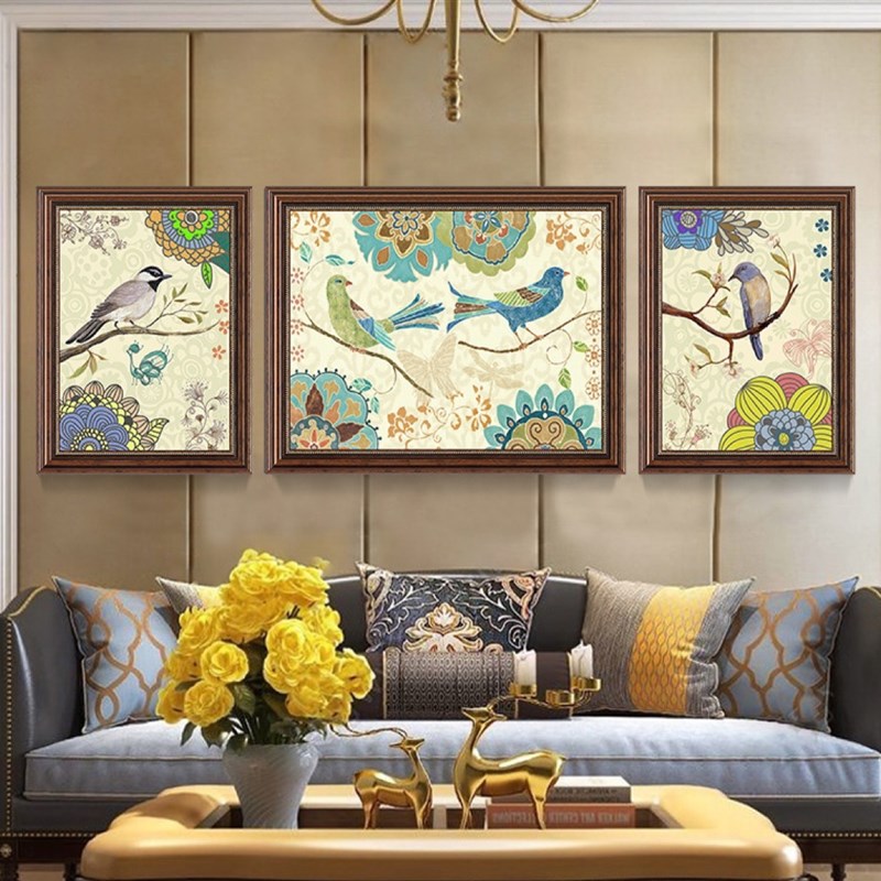 美式花鸟覆古风装饰画植物t挂画法式客厅背景墙三联画欧式田园壁图片