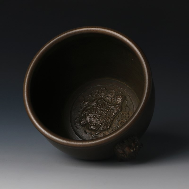 复古黄铜狮首衔环j小水缸笔洗新中式客厅玄关桌面摆件收纳毛笔书