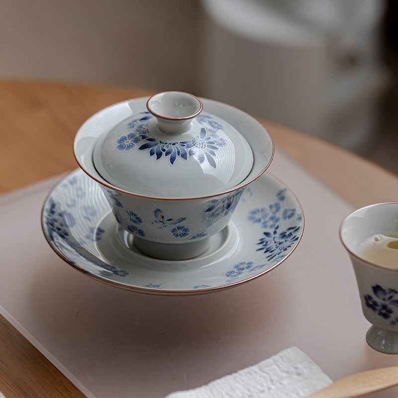 纯手工陶瓷盖碗家用三才盖碗蝴蝶复古茶I艺泡茶碗茶杯功夫茶具简