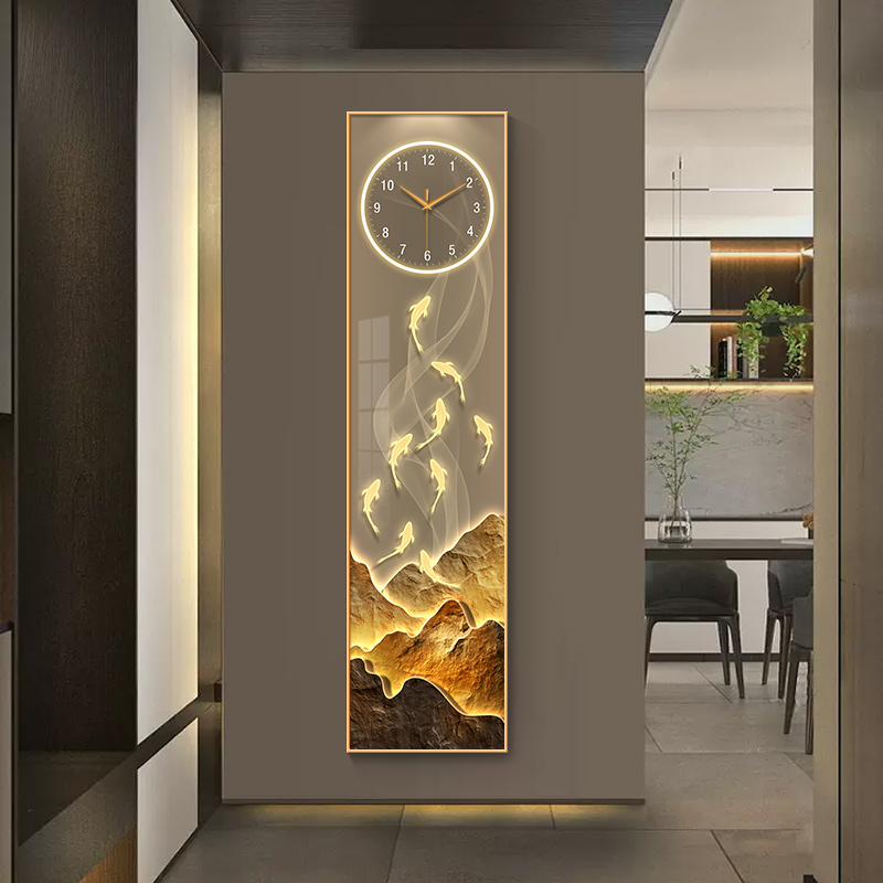 侘寂风九鱼d图玄j关装饰画时钟客厅走廊过道竖版窄长条挂画轻奢高