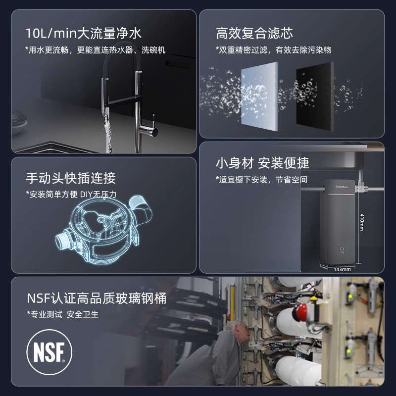 开能净水器魔方全厨大流量r无废水不插电家用厨下过滤器CN-ACF10R