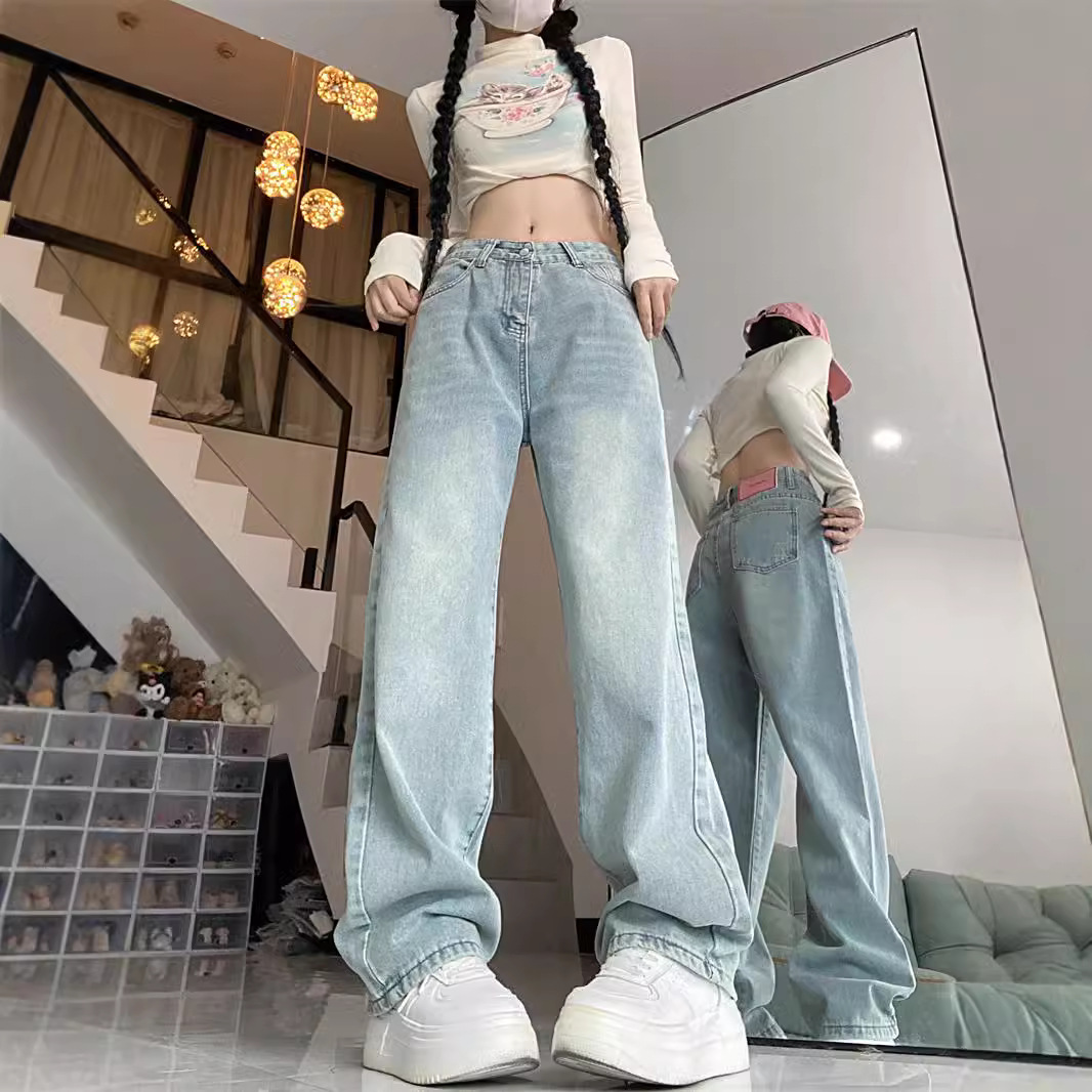 SC浅色阔腿牛仔裤女年秋季新款大码高腰垂感宽松显瘦直筒裤子潮