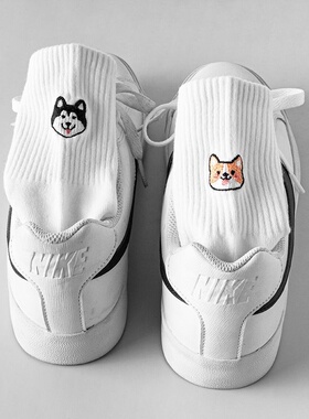 MRTOP男士中筒刺绣柯基二哈中帮四季款可爱精梳棉简约薄款男袜