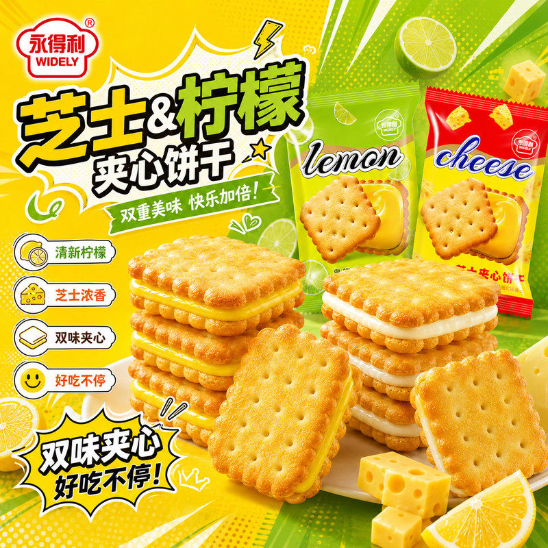 清新柠檬味夹心浓郁芝士饼干美味独立包装零食一整箱