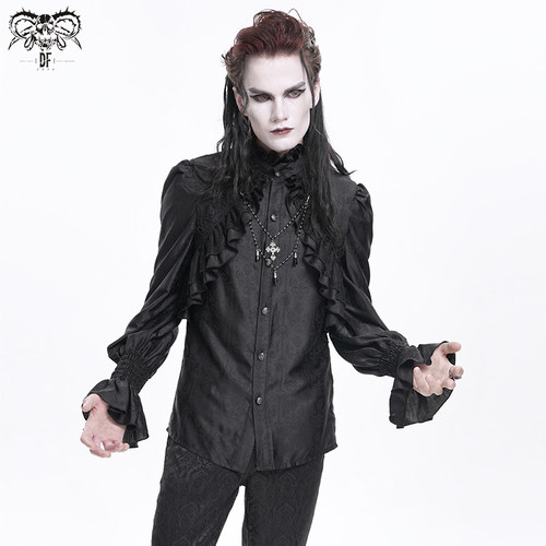 暗黑哥特长袖高领花边衬衫男