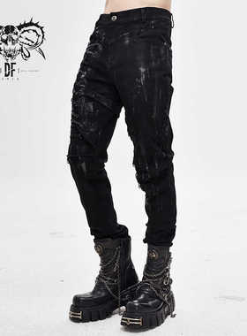 Devil fashion 朋克长裤修身小脚休闲裤水洗做旧牛仔裤【PT112】