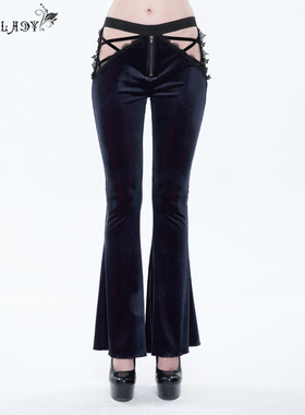 EVA LADY 女装暗黑胯部镂空黑红色丝绒喇叭裤【EPT007】