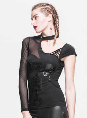 Devil fashion 美式辣妹长袖T恤女挂脖丝绒黑色内搭上衣【TT016】