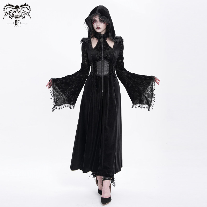 恶魔时尚哥特暗黑蕾丝连帽长裙
