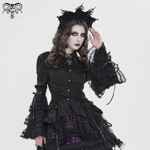 DEVIL FASHION恶魔时尚哥特条纹荷叶边大袖摆衬衫【SHT152】