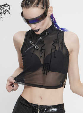 Devil fashion 赛博朋克性感欧美无袖植绒网立领短T恤【TT170】