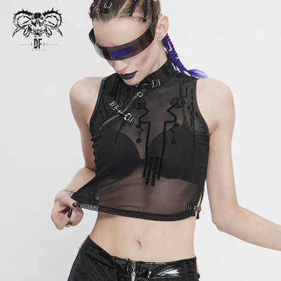 立领植绒网短T恤Devilfashion