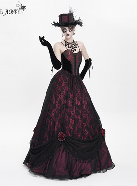 EVA LADY 酒红色哥特胸位压折黑色钻链玫瑰花吊带连衣裙ESKT062