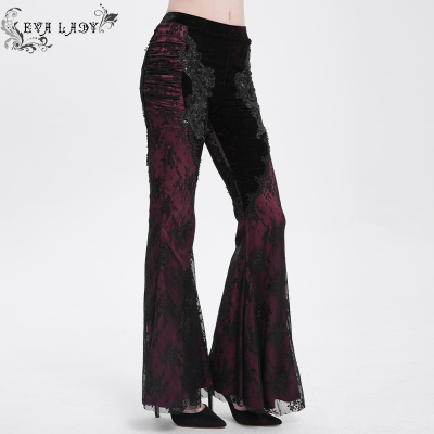 恶魔时尚哥特蕾丝网纱拼接喇叭裤