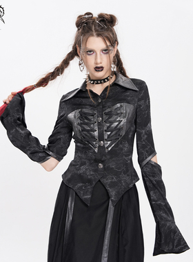 DEVIL FASHION恶魔时尚 暗黑哥特乱纹仿皮绑带长袖衬衫上衣SHT143