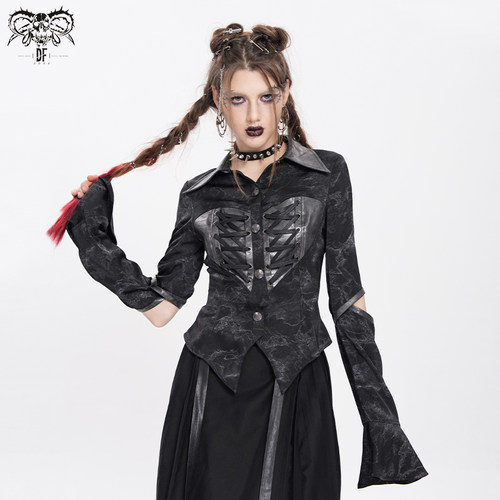 DEVIL FASHION恶魔时尚 暗黑哥特乱纹仿皮绑带长袖衬衫上衣SHT143