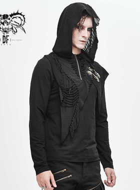 Devil fashion 连帽半拉链套头上衣不对称破烂做旧T恤【TT140】