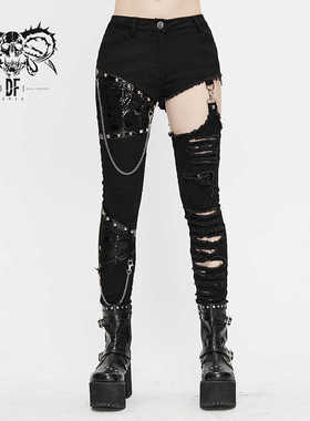 Devil fashion 重金属长裤牛仔裤修身中腰铅笔裤黑色【PT121】