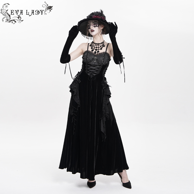 哥特玫瑰花流苏搭片吊带连衣裙