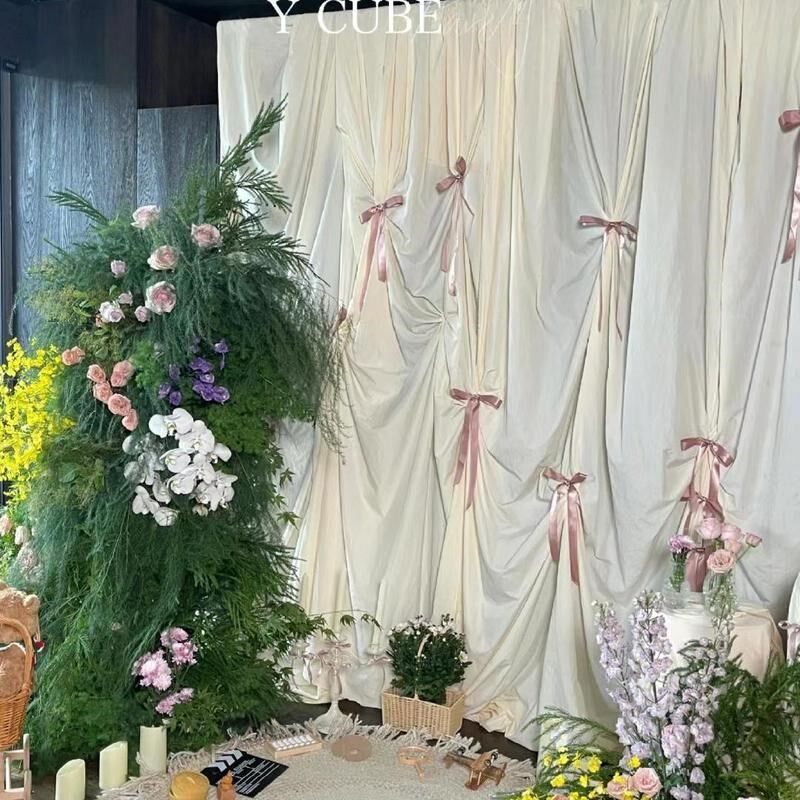 蝴蝶结褶皱棉麻背o景布不透加厚摄影拍照道具生日布置订婚