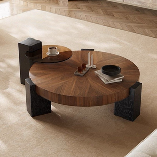 意式轻奢中古风圆形茶几组合客厅家用茶几胡桃色高级感新款小边几