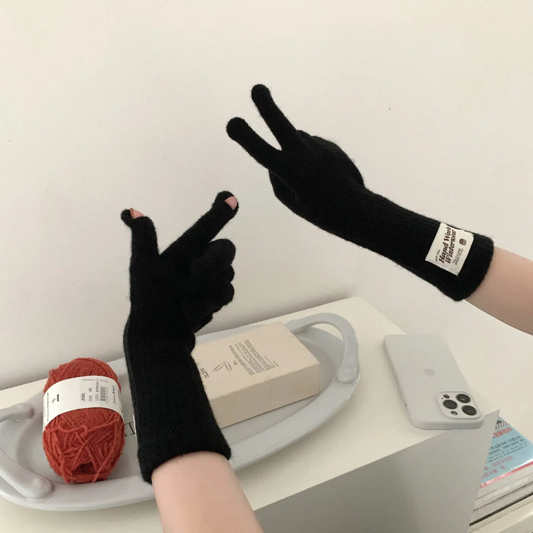 纯色女手套冬季保暖针织长款触屏露指防风五指骑行韩版潮情侣百搭