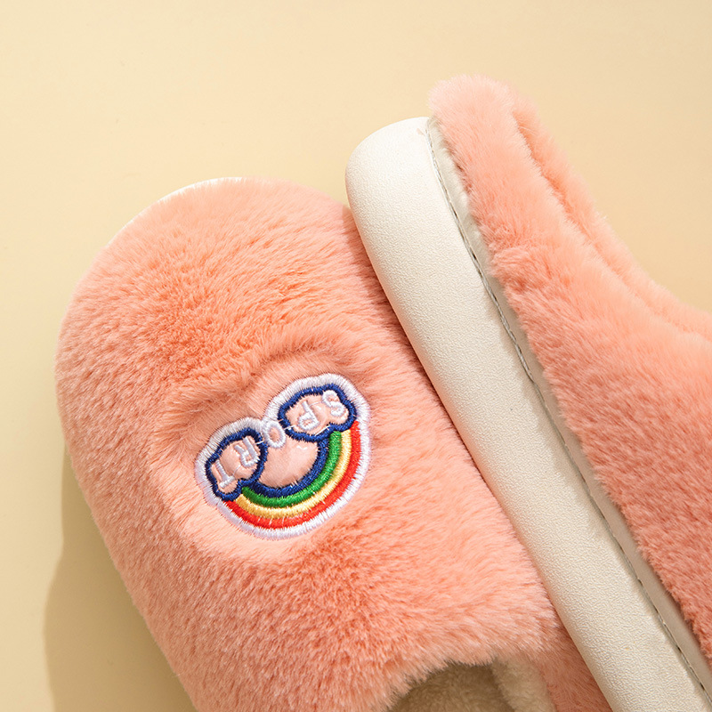 彩虹绒毛款棉拖鞋秋冬季厚底毛毛拖鞋女居家用情侣保暖加绒棉拖鞋